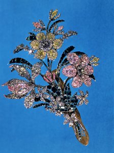 Bross nagy csokor formájában, briliáns csiszolású gyémántokkal és smaragdokkal, 1760 körül (arany, ezüst, gyémánt és smaragd)