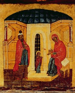 Jézust a templomban ábrázoló ikon, 1550 körül (tempera és aranylevél a panelen) (314500 részlet) alkotó: Russian School
