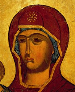 A Szűzanya fejét ábrázoló ikon 1550 körül (tempera és aranylevél a panelen) (314500 részlet) alkotó: Russian School