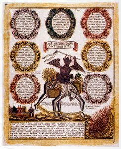 Orosz sematikus illusztráció a "hét halálos bűnről". Vallási traktátus 1850 körül (metszet) alkotó: Russian School