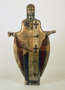 Mozajszki Szent Miklós szobor, orosz, 16. század vége (fa, díszes brokát, gesso, tempera)