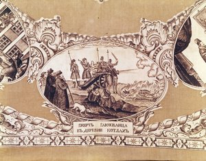 A hamis Dimitri kivégzése, részlet a királyi imposztor történetét ábrázoló kendőből (textil) alkotó: Russian School