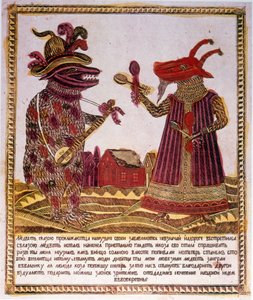 Hagyományos színes fametszet Egy medvéről és egy kecskéről szóló történet illusztrációja. Orosz 1830 körül (metszet) alkotó: Russian School