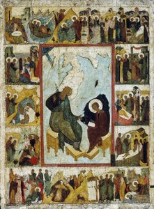 Szent János evangélista Patmoszon élete jeleneteivel, 16. század eleje. alkotó: Russian icon.