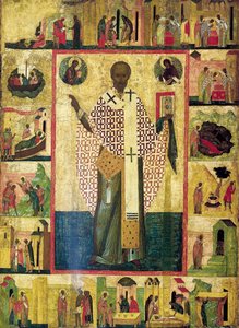 Zaraiski Szent Miklós jelenetekkel életéből, 16. század eleje. alkotó: Russian icon.
