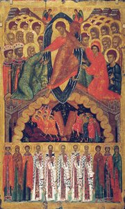 A pokol alászállása válogatott szentekkel, 15. század vége. alkotó: Russian icon.