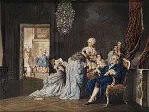 A francia királyi család (XVI. Lajos és Marie Antoinette) utolsó órái a Louvre-ban a forradalmárok betörése előtt. Akvarell festmény/gouache kartonra. 38x51 cm. Monogram „SG” és „1877” dátummal, jobbra lent alkotó: „SG“