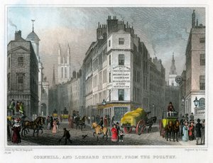 Cornhill és Lombard Street a Poultryből, London City, 1830.
