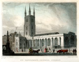 St Sepulchres templom, Skinner Street, London City, 1830.