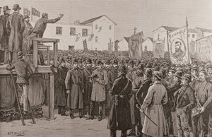 Rendőrség őrködik egy kormányriporteren a „Plan of Campaign Meeting”-en, a „The Illustrated London News”-ból, 1887. január 8. (metszet)