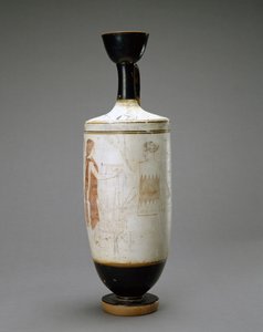 Fehér föld Lekythos fiatal nővel a sírnál, ie 450-440 (terrakotta fehér alappal) alkotó: Sabouroff Painter (attr. to)