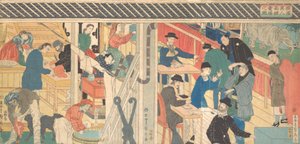 Értékesítési helyiség a yokohamai külkereskedelmi épületben, 1861. alkotó: Sadahide Utagawa