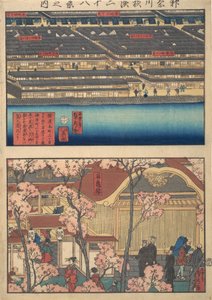Két nézet: Kaigan-cho vízpartja, 3-chome és 4-chome, valamint a t... bejárata, 1860. 4. hónap.