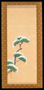 Hóba burkolt fenyőt ábrázoló függő tekercs, a Három évszak triptichonjából, japán, 19. század eleje alkotó: Sakai Hoitsu