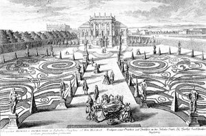 Kilátás egy kertre és házra Josefstadtban, Bécsben, metszett Johann August Corvinus (1683-1738) (metszet)