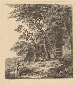 Egy halász és két gyerek egy tájon nádfedeles házikókkal, 1764.