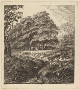 Ligetben pihenő szarvasmarha egy patak mellett ülő emberrel, 1764.