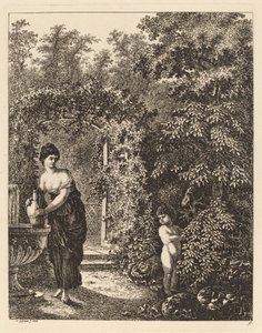 Putto, lánylátogatás a szökőkútnál, 1771. alkotó: Salomon Gessner
