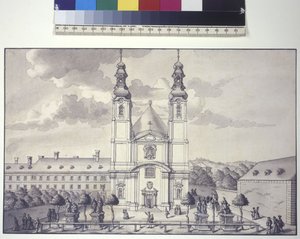 Egész oldal: a Rossau külvárosában lévő szervita templom előlapja (tollrajz)