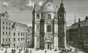 Kilátás a bécsi Peterskirche-re, Johann Bernard Hattinger metszetével