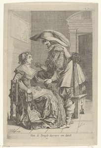 A férfi érmét kínál egy nőnek Dats de Bruydt daermen om danst (cím a tárgyon) alkotó: Salomon Savery