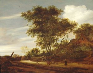 Erdős táj az úton játszó gyerekekkel egy házikó mellett, 1658