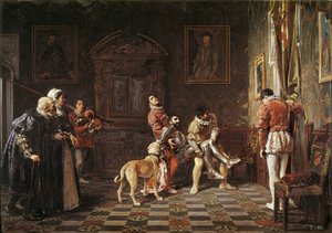 "" A torna visszatérése "" Egy fiatal lovagot, aki sérült, visszahoznak a palotába, két oldallal alátámasztva. Salvador Martinez Cubells (1845-1914) festménye, 1881 Valencia. Bellas Artes San Pio Múzeum