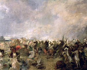 A guadaletei csata részlete a gótok menekülésének Roderic király parancsnoksága alól Tarik Ibn Ziyad muszlim lovasságának jelenlétében, i.sz. 711 (olaj, vászon) (részlet)