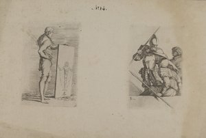 (figura sorozat) Hosszú hajú férfi, aki táblát tart alkotó: Salvator Rosa