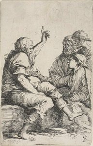 Egy szakállas idős férfi ül egy sziklán, és kérő mozdulatot tesz a vele szemben álló három férfi felé, a Figurine sorozatból alkotó: Salvator Rosa