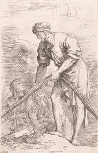 Egy férfi hálót húz két figurával a háta mögött, a „Figurine” sorozatból, kb. ..., kb. 1656-1657. alkotó: Salvator Rosa