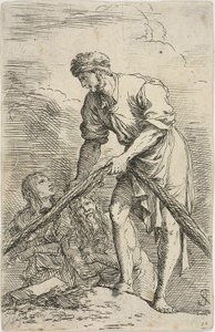 Egy hálót húzó férfi két figurával a háta mögött, a Figurine sorozatból alkotó: Salvator Rosa
