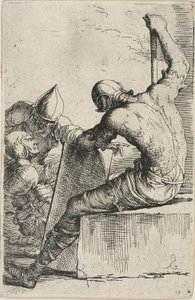 Egy harcos, aki egy előtérben ül, pajzsot és botot tart, és két mögötte lévő harcos felé fordul a Figurine sorozatból alkotó: Salvator Rosa
