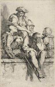 Négy harcos és egy álló fiatal, aki az egyikre mutat, a Figurine sorozatból alkotó: Salvator Rosa