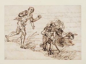 Merkúr és a becstelen favágó (recto), 1655-1659 körül (toll és barna tinta öntött papírra) alkotó: Salvator Rosa