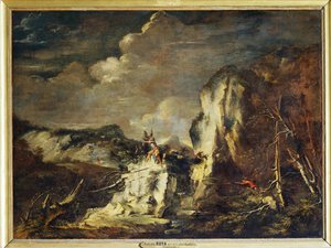 Sziklás táj vadászokkal és harcosokkal - Egy sziklás ... alkotó: Salvator Rosa