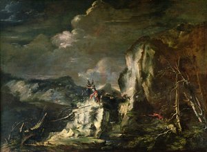 Sziklás táj egy vadászval és harcosokkal alkotó: Salvator Rosa