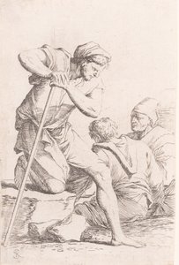 Két férfi ül, és egy másik férfi, aki egy botot tart egy sziklán, a szeri..., kb. 1656-1657. alkotó: Salvator Rosa