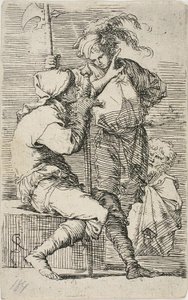 Két harcos, az egyik kardot, a másik alabárdot tart; egy öreg szakállas férfi mögöttük, Figurinából alkotó: Salvator Rosa