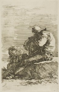 Két harcos, az egyik alszik az előtérben lévő sziklán ülve, a Figurine sorozatból alkotó: Salvator Rosa