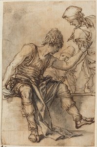 Egy falon ülő fiatal, aki két férfival beszélget alkotó: Salvator Rosa