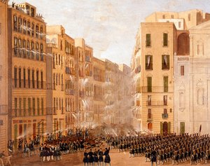 A Bourbon hadsereg 1848 májusában reagált a nápolyi felkelések ellen. Salvatore Fergola (1799-1877) festménye Nápoly, Museo Nazionale di San Martino