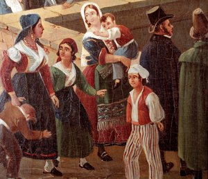 Hagyományos nápolyi viseletek: hétköznapi emberek Salvatore Fergola (1799-1877) festményének részlete 1859 Nápolyi Nemzeti Múzeum San Martino