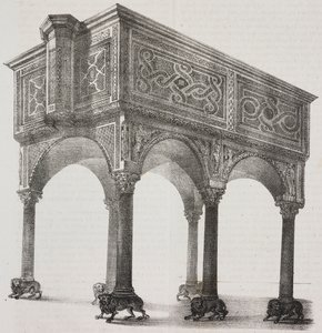 Ősi ambo Sessa Aurunca katedrálisban, Campania, Olaszország, Salvatore Puglia litográfiája Pasquale Mattei (1813-1879) rajza nyomán a Poliorama Pittoresco-ból, n. 43, május 31.