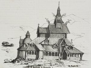 Borgund Stave Church, Norvégia, Salvatore Puglia litográfiája, Poliorama Pittoresco, 40. szám, május 14.
