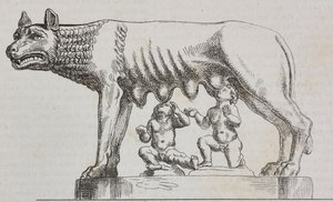 Capitoliumi nőstényfarkas, bronzszobor, Róma, Lazio, Olaszország, Salvatore Puglia litográfiája a Poliorama Pittoresco-ból, n. 25, január 25.