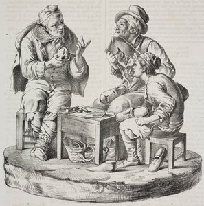 A vitában álló suszter, Giacomo Bongiovanni és Giuseppe Vaccaro szobrai, Salvatore Puglia litográfiája a Poliorama Pittoresco-ból, március 18., 32. alkotó: Salvatore Puglia