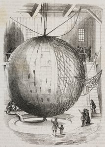 Edmond Marey-Monge (Franciaország) által feltalált réz hőlégballon, Salvatore Puglia litográfiája a Poliorama Pittorescoból, 41. szám, május 18. alkotó: Salvatore Puglia