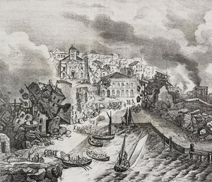 Pointe-Pitre pusztulása a február 8-i földrengés során alkotó: Salvatore Puglia