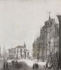 A San Sebastiano-bazilika homlokzata Acireale-ban, Szicília, Olaszország, Salvatore Puglia litográfiája, Poliorama Pittoresco, n. 39, május 3. alkotó: Salvatore Puglia